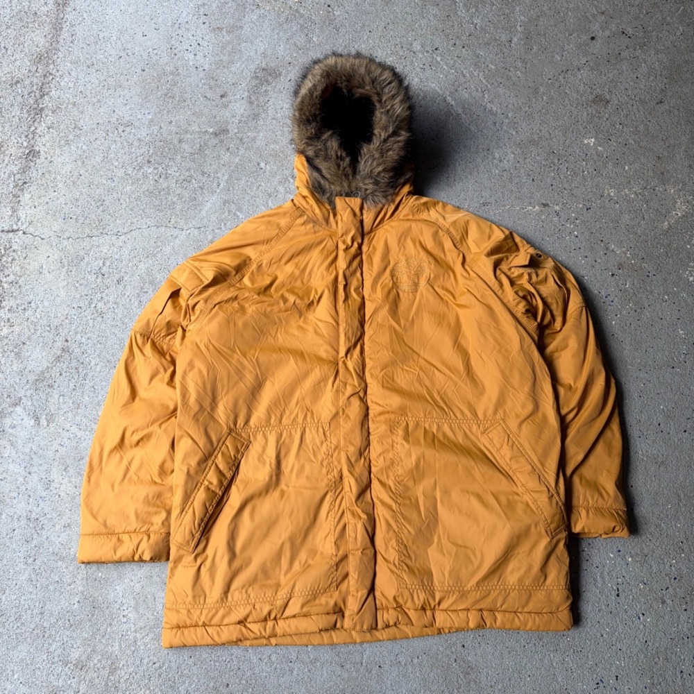 Timberland Rugged and Durable Faux Fur Hooded Parka Jacket Mustard Yellow XL